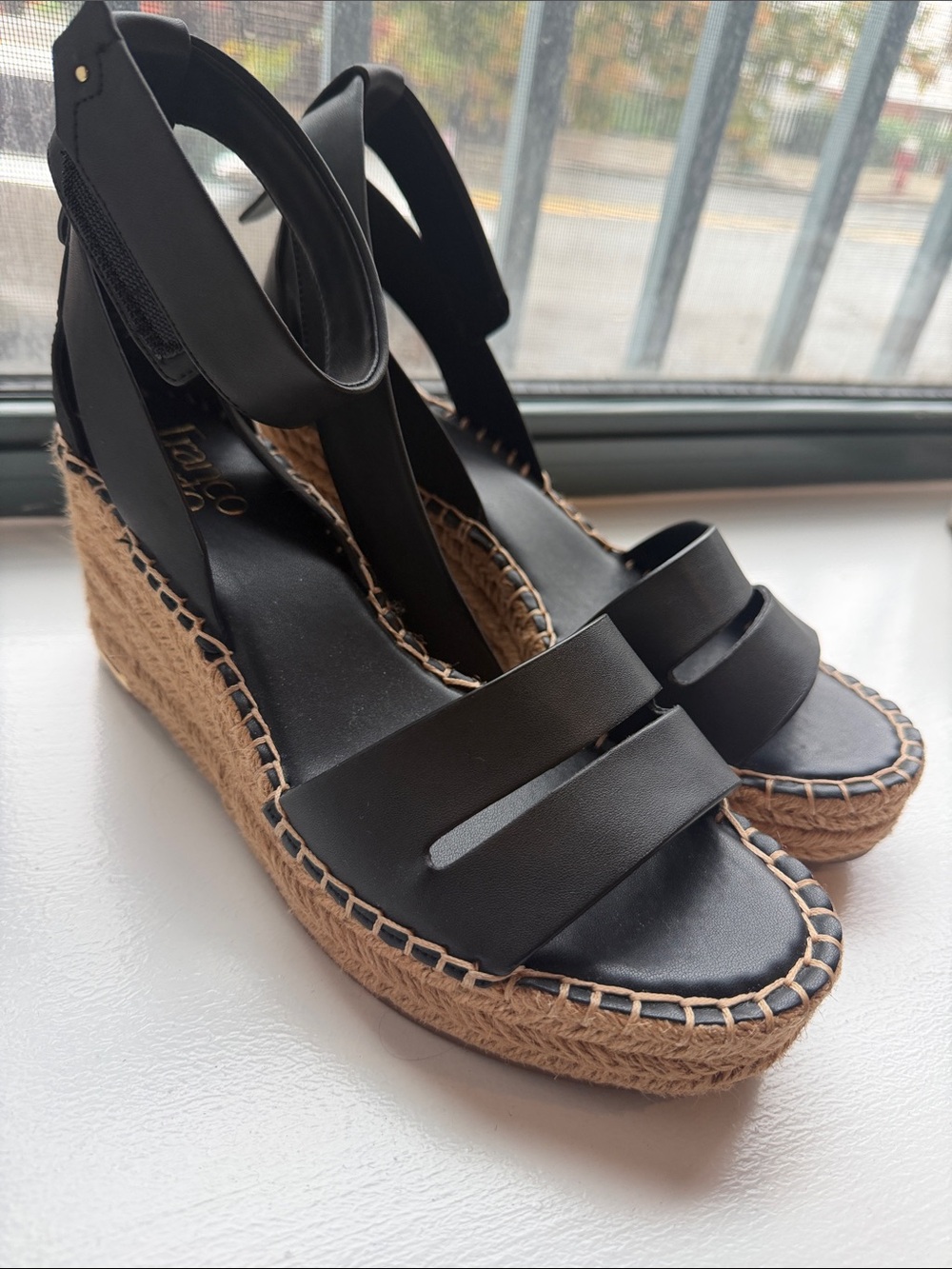 Franco Sarto Black Leather Espadrille Wedge Sandals